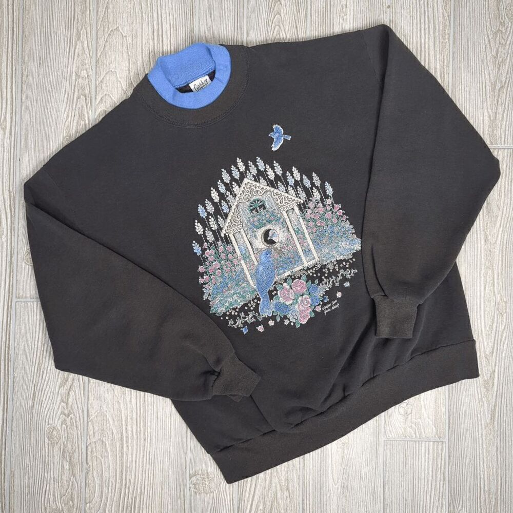 Vintage Gopher Sport Women’s Large Black Blue Jay Bird Garden Sweater Granny